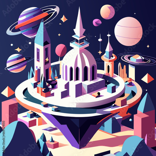 Futuristic city with buildings, planet and space. Vector illustration Generative AI