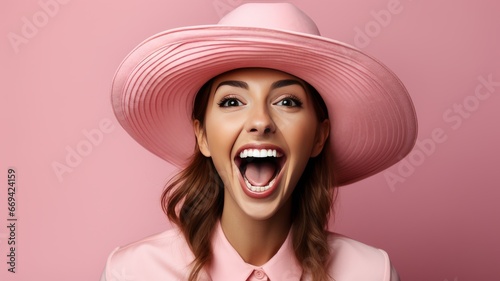 Smiling woman in pink hat on colored background.