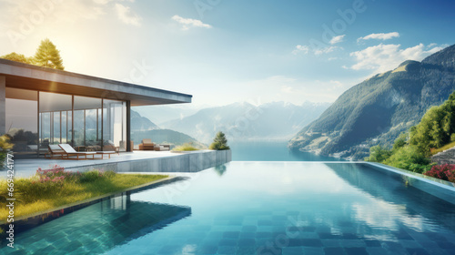 Swimming pool and patio outside modern house