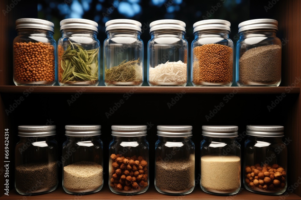 A seed godown, Tiny seeds stored in glass jars lined up on rack. A seed godown, Tiny seeds stored in glass jars lined up on rack.