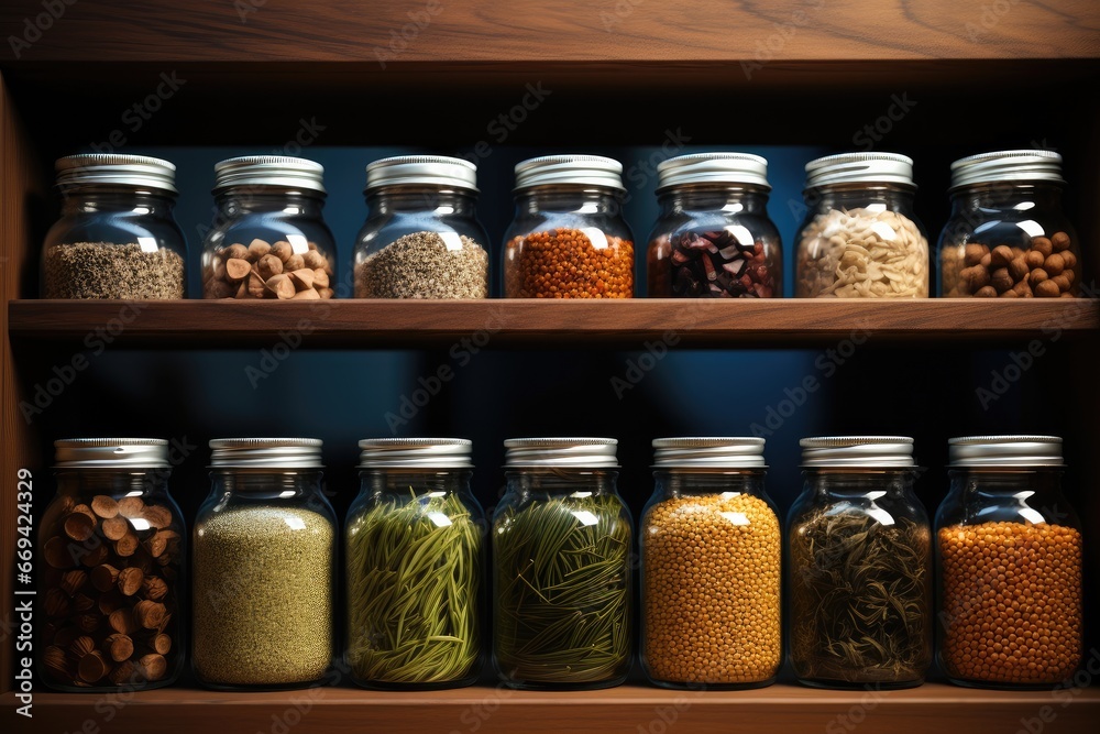 A seed godown, Tiny seeds stored in glass jars lined up on rack. A seed godown, Tiny seeds stored in glass jars lined up on rack.