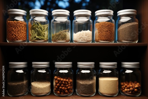 A seed godown, Tiny seeds stored in glass jars lined up on rack.