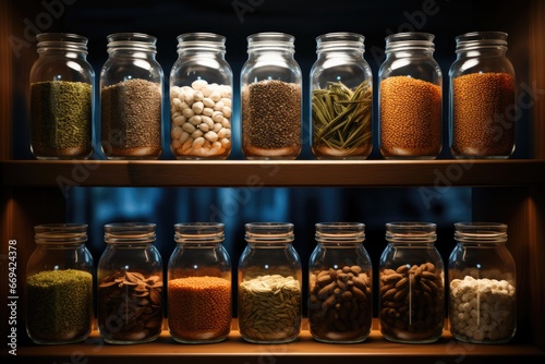 A seed godown, Tiny seeds stored in glass jars lined up on rack.