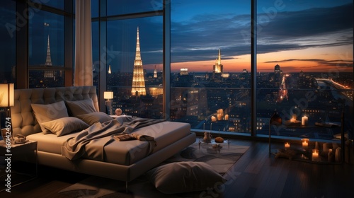 Beautiful bedroom with glasses and urban cityscapes.