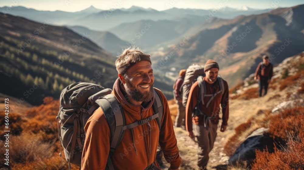 Group of male travelers with backpacks exploring on mountain.
