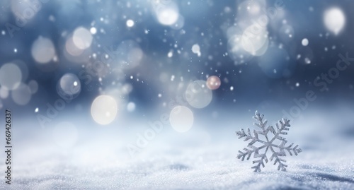 Christmas winter background with snow and blurred bokeh. Merry Christmas and Happy New Year greeting card