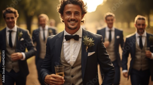 Happy groom men holding champagne glass during wedding. photo