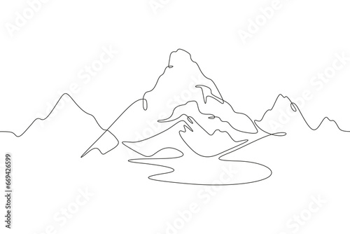 The top of the mountain range. Beautiful mountain landscape. High mountain peak. One continuous line drawing. Linear. Hand drawn, white background.