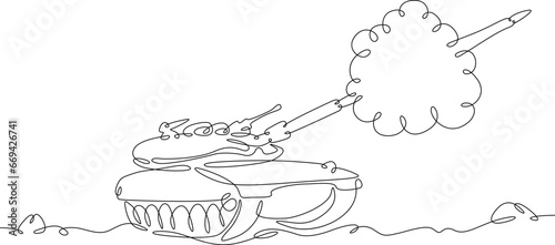 Merkava Israeli combat tank. The tank fires in battle. Israeli army. One continuous line drawing. Linear. Hand drawn, white background.