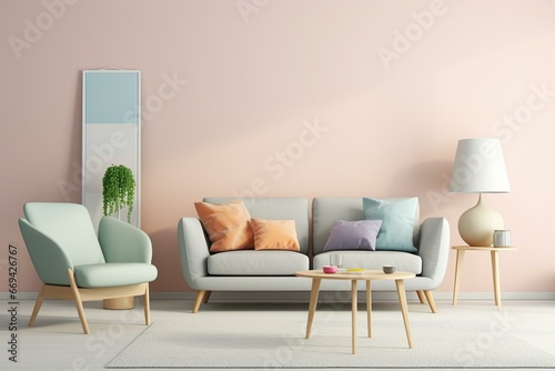 Scandinavian interior with pastel colored room and wall mockup. Generative AI