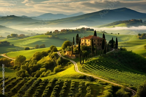 Beautiful, serene countryside in Tuscany, Italy. Generative AI