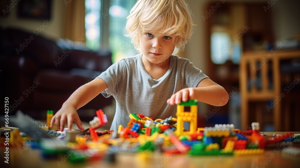 Happy kid playing with lots of colorful plastic blocks constructor indoor. Happy kid playing with lots of colorful plastic blocks constructor indoor.