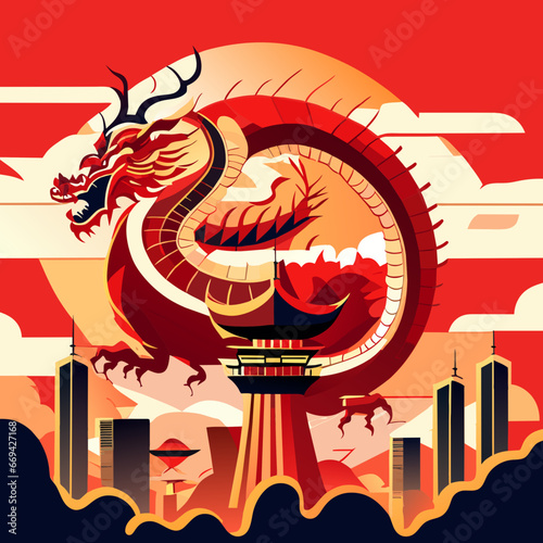 Chinese dragon on top of the pagoda in the city. Vector illustration generative AI
