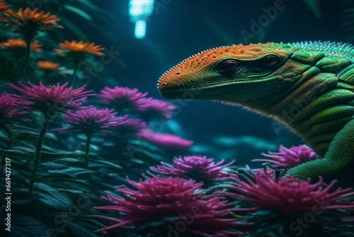 iguana on a branch, images where digital organisms evolve and adapt to simulate the appearance of alien flora and fauna, with their visual characteristics influenced 