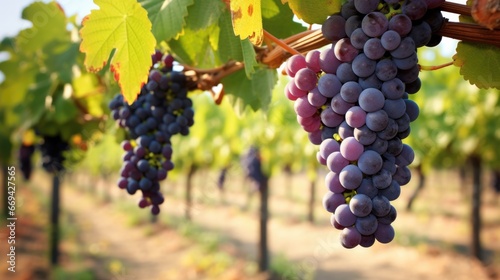 Bunches of blue grapes in a grape field, grape vines, vineyard