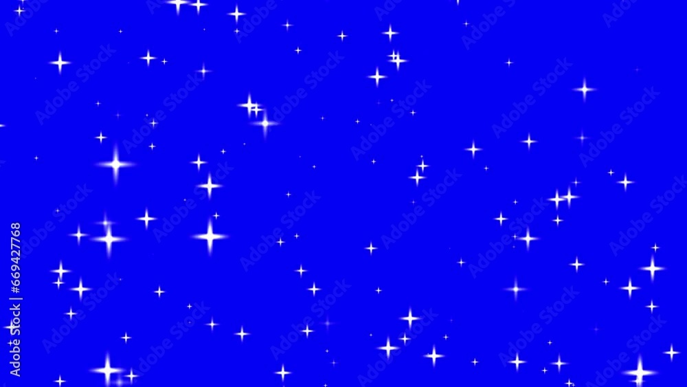 Motion graphics of the twinkle glitter white star sparkling behind blue background Motion graphics of the twinkle glitter white star sparkling behind blue background