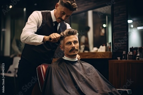 Stylish Bearded Barber at Work, Men's Haircut Concept, Hairdresser Work, Generative AI Illustration