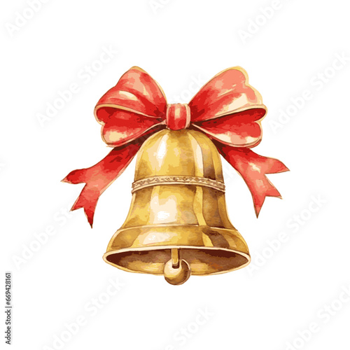 Christmas golden bell with red bow for greeting card design watercolor paint on white