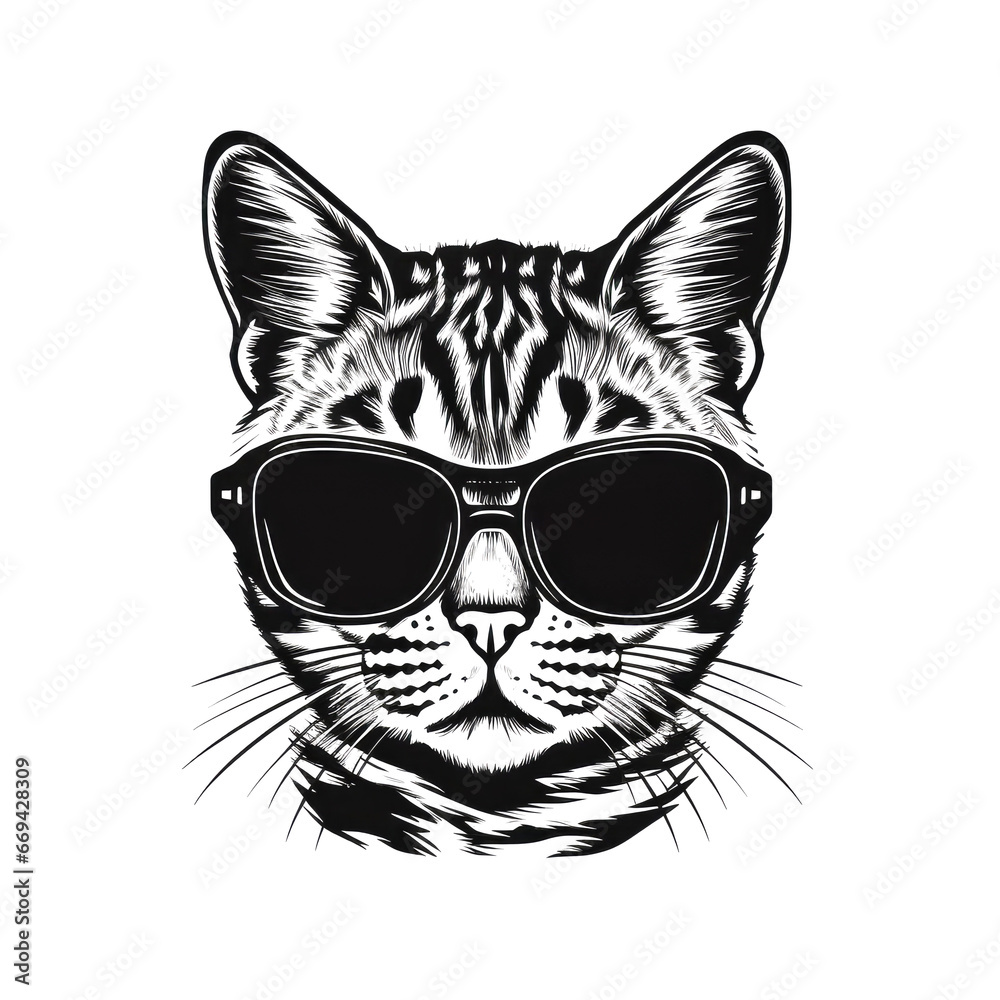 Cool Cat with Sunglasses Isolated, Hipster Animal Black Silhouette Icon, Fashionable Pet on White Background