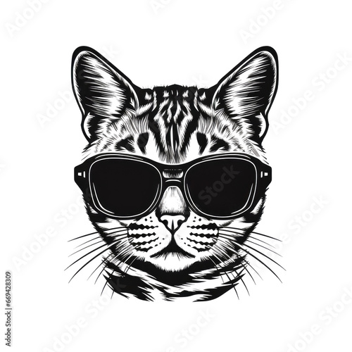 Cool Cat with Sunglasses Isolated, Hipster Animal Black Silhouette Icon, Fashionable Pet on White Background © artemstepanov
