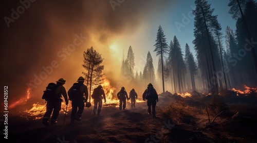 Forest fire, Firefighters gets ready to work in the middle of a burning forest. photo
