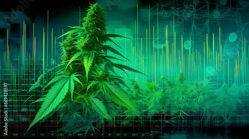 Cultivating cannabis amidst a digital graph backdrop showcases the fusion of nature and technology