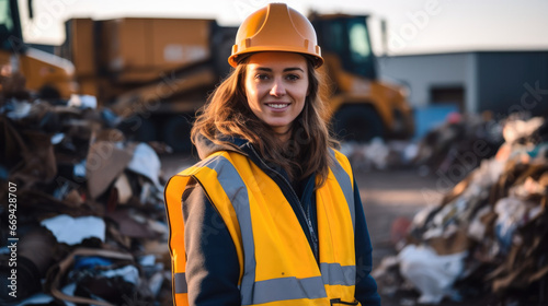 Female worker standing on front of a pile of scrap at recycling center.