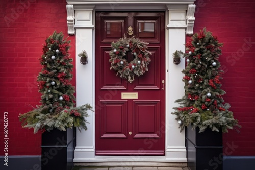 christmas wreath on the burgundy door door with xmas tree decorations