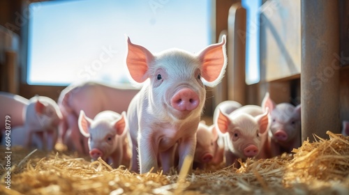 Shot of piglets with a mother pig in a spacious pigpen.