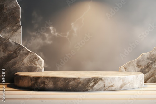 natural stone podium 3d rendering. Pedestal set design for product and cosmetics photography.