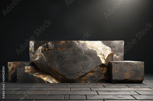 pyrite mineral natural stone rectangular podium 3d rendering. Pedestal set design for product and cosmetics photography. photo