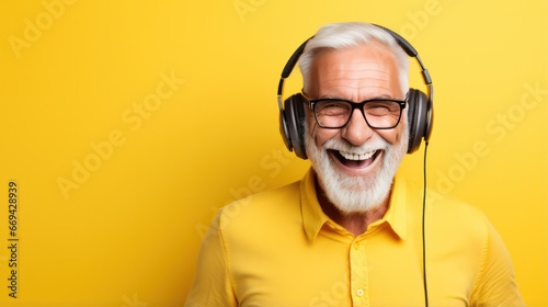 senior man smiling in headphones listening to music yellow background banner photo