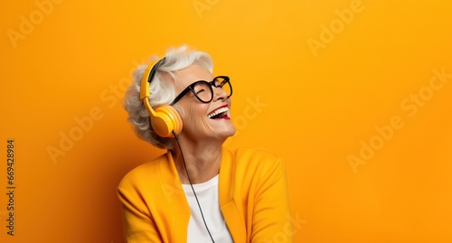 senior woman laughing in headphones listening to music orange background banner copy space right photo