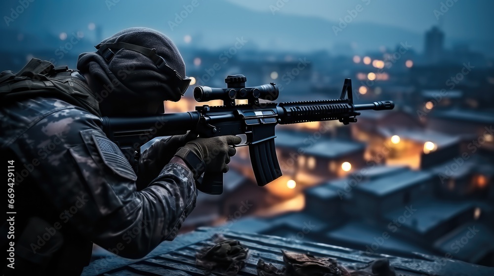 Sniper swat aiming on rooftop.