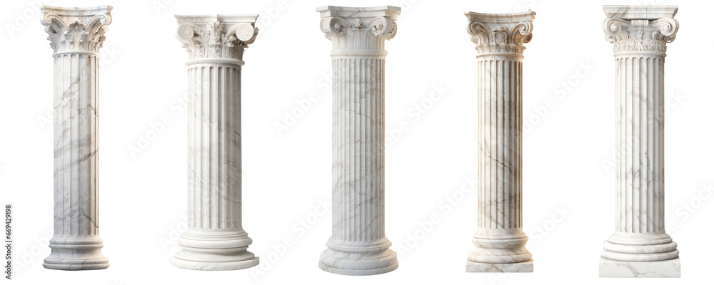 Antique White Greek pillar set. Transparent Icon Set. Architectural white columns Ionic. - obrazy, fototapety, plakaty 