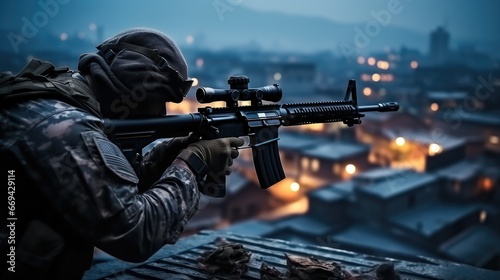 Sniper swat aiming on rooftop.