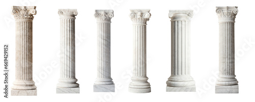 Antique White Greek pillar set. Transparent Icon Set. Architectural white columns Ionic.