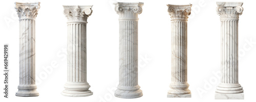 Antique White Greek pillar set. Transparent Icon Set. Architectural white columns Ionic. photo