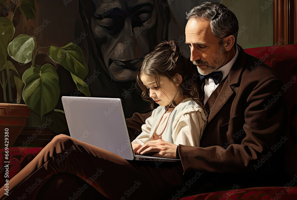 Smiling little boy relaxing on sofa at home with young father watching funny videos on laptop together, overjoyed father resting Smiling little boy relaxing on sofa at home with young father watching funny videos on laptop together, overjoyed father resting
