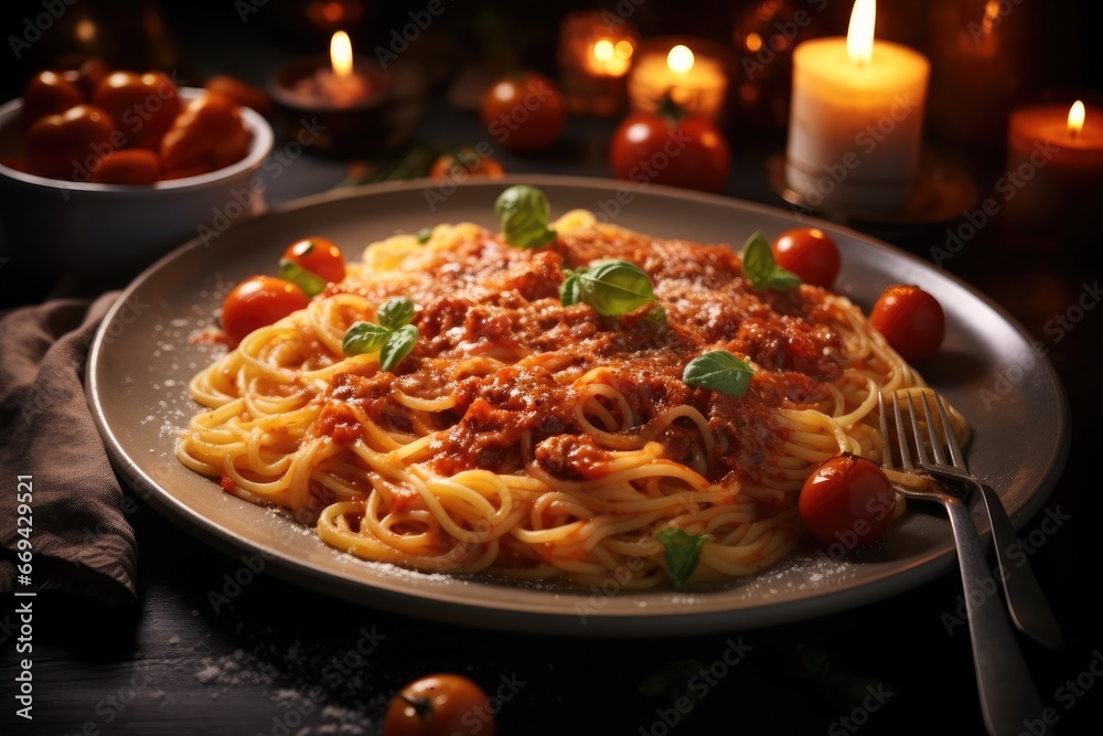 Spaghetti with rich sauce, Spaghetti with tomato sauce, Candlelight dinner. Spaghetti with rich sauce, Spaghetti with tomato sauce, Candlelight dinner.