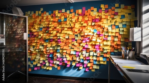 Sticky notes on a whiteboard, flowchart, business, tasks. photo