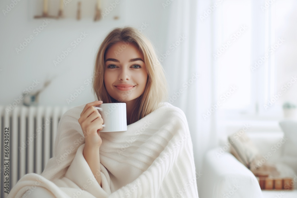 Young woman wrapped in a white blanket holding a cup with hot drink trying to warm up in the cold apartment Young woman wrapped in a white blanket holding a cup with hot drink trying to warm up in the cold apartment