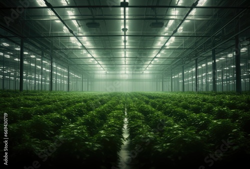 an indoor greenhouse with rows of letable plants in the foregred area photo