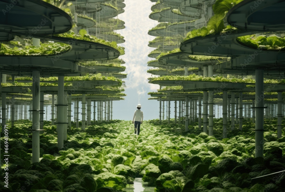 A man works on an organic food plantation with a large-scale hydroponic planting system. Farmers work on a plantation to grow organic food