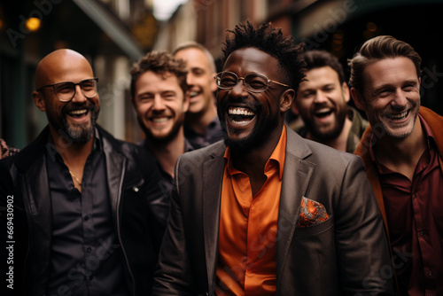 A group of cheerful young men of African American and Caucasian nationalities