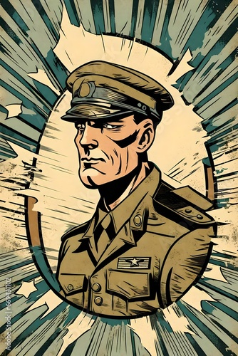 a vintage worn comic book style illustration of a war poster featuring a soldier military person