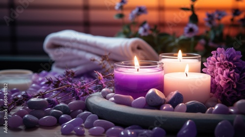 Relaxation concept lavender scented candles on a towel background, relaxation, spa solon photo