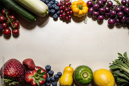 Colorful fruits and leaves are displayed on a beige background.