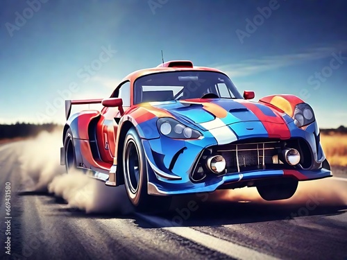 Red racing car on road generative ai © Mdmostafijor