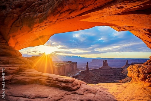 A scenic mesa arch view in Canyonlands National Park, Utah, US. Generative AI photo